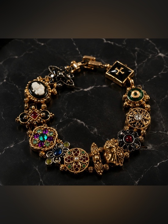 The Unbranded Brand Jewelry - Vintage Art Deco Charm Bracelet | Antique Gold Statement Bracelet | Colorful